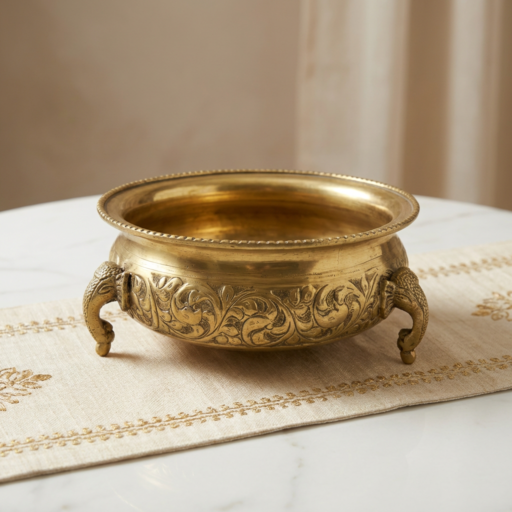 Decorative gold bowl with intricate designs on a marble surface with a cream runner on.