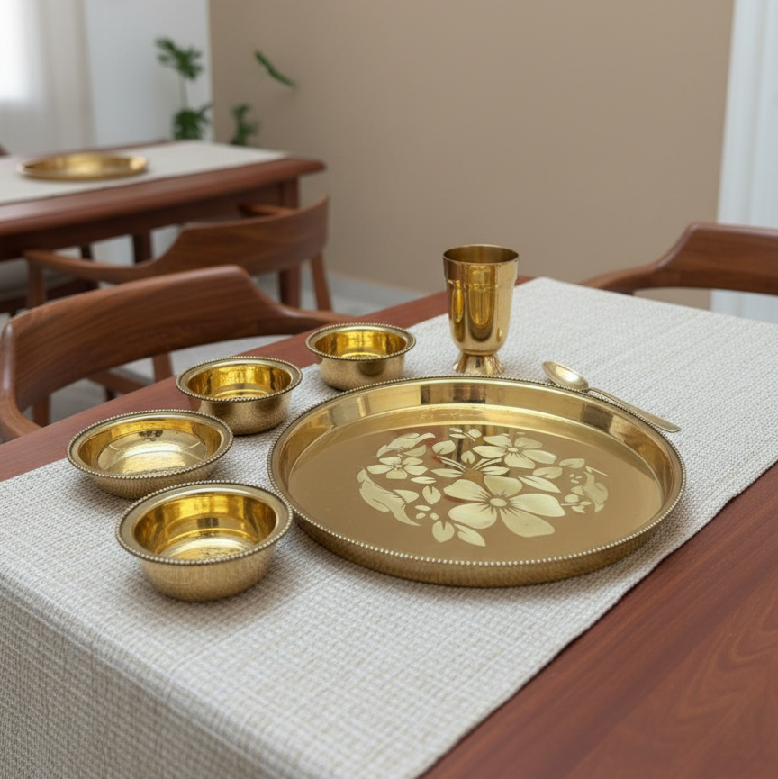 Set of gold metal trays and bowls on a wooden table with a neutral background