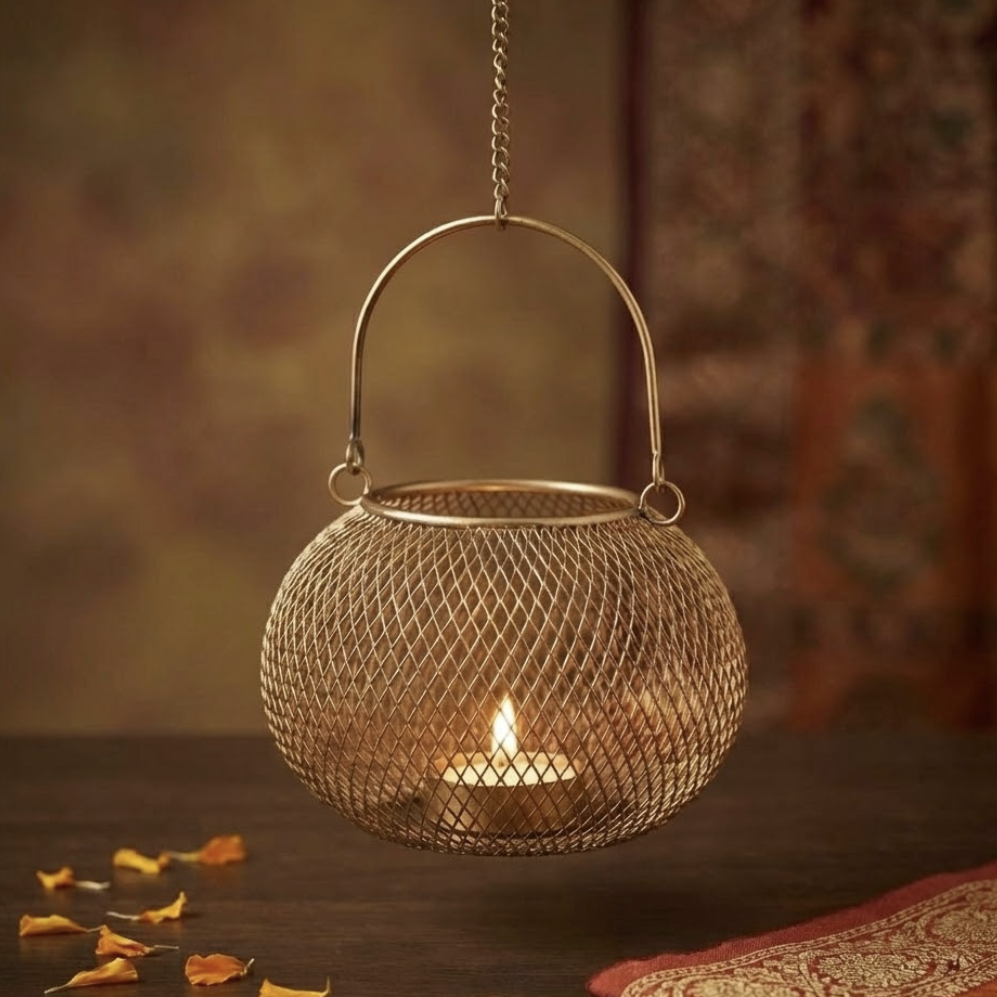 Decorative hanging lantern with a candle inside on a wooden surface.