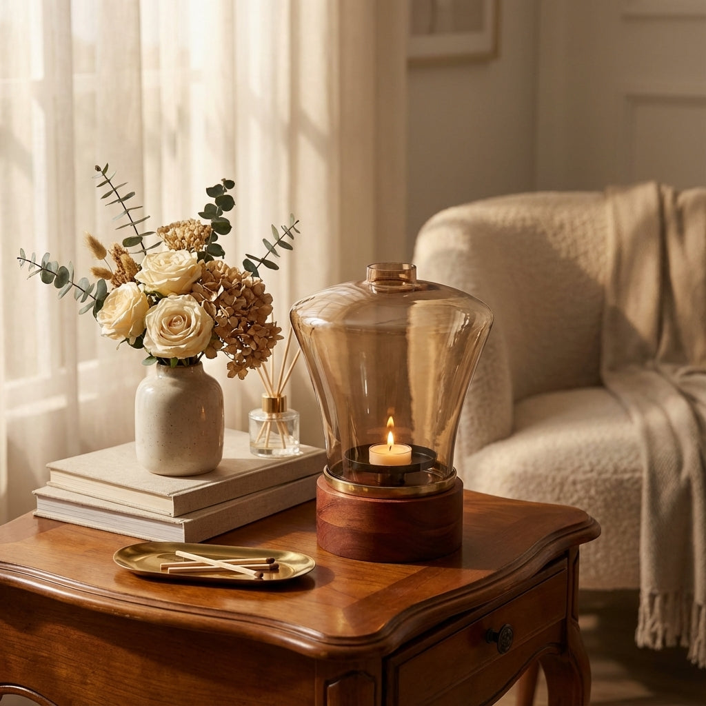 Wooden Candle Stand with Glass Dome