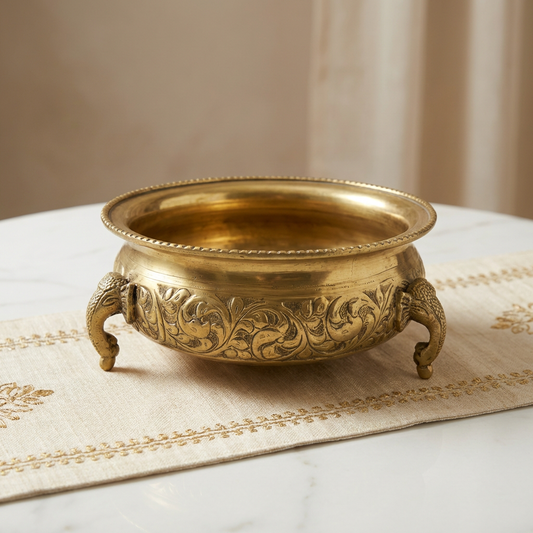 Decorative gold bowl with intricate designs on a marble surface with a cream runner on.