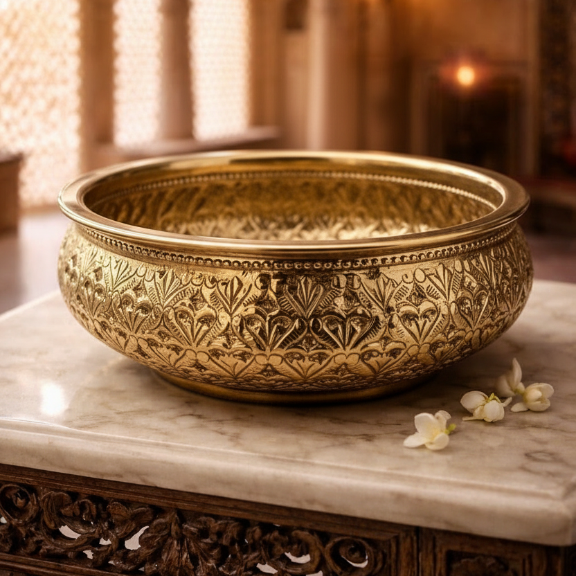 Decorative gold bowl on a marble surface with an ornate background