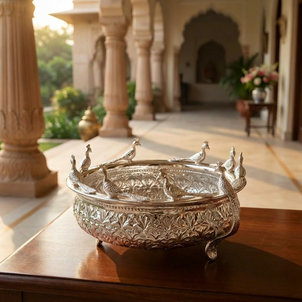 Decorative silver bowl with bird designs on a wooden table in an elegant interior setting.