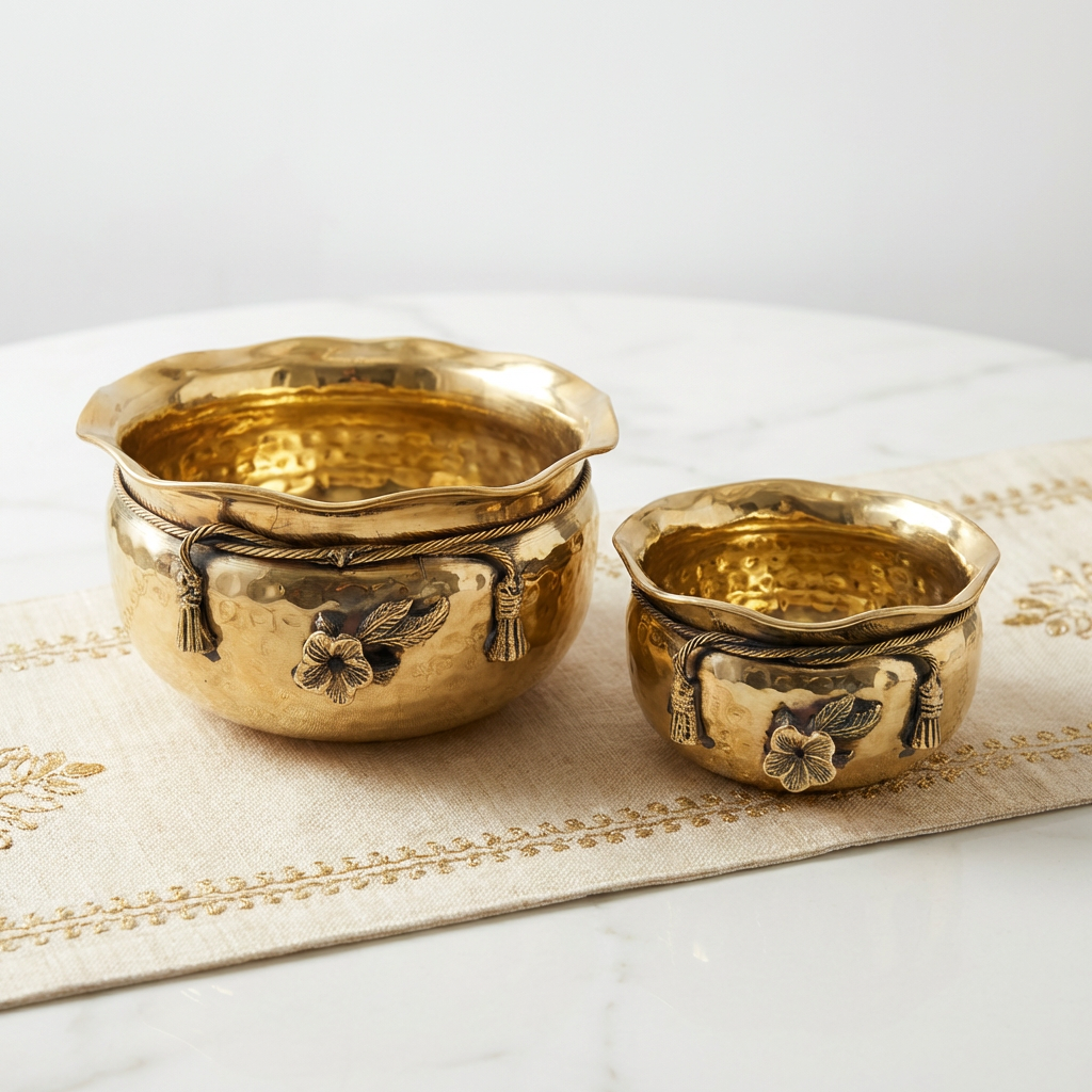 Two gold decorative bowls on a white surface with a decorative mat underneath.