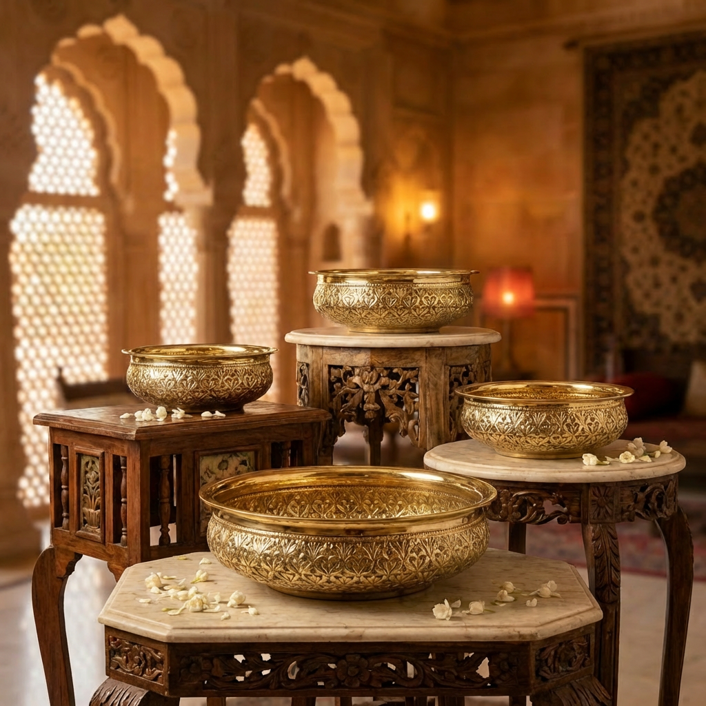 Decorative gold bowls on wooden stands in a warm, softly lit room.