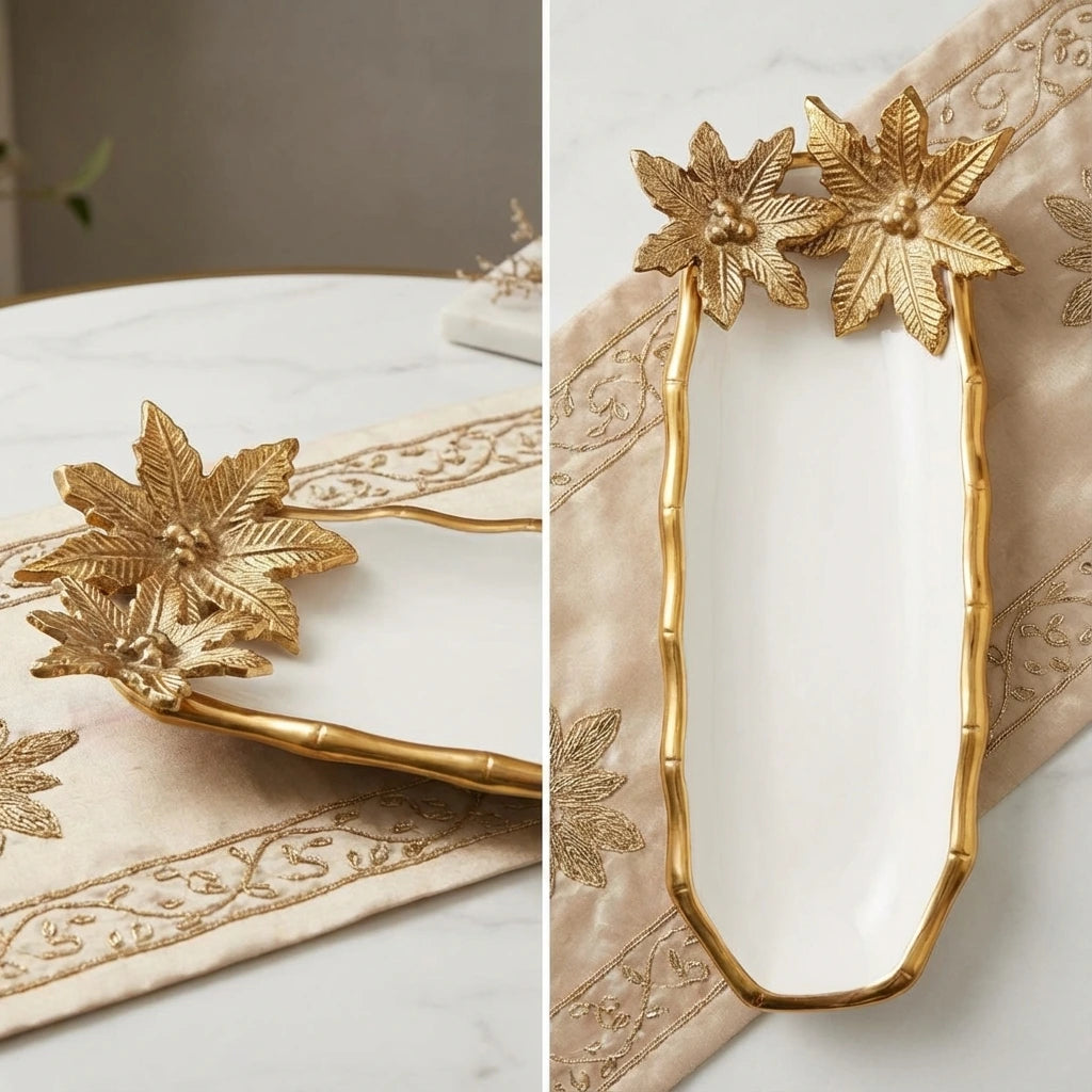 Gold decorative platter with leaf design on a textured surface