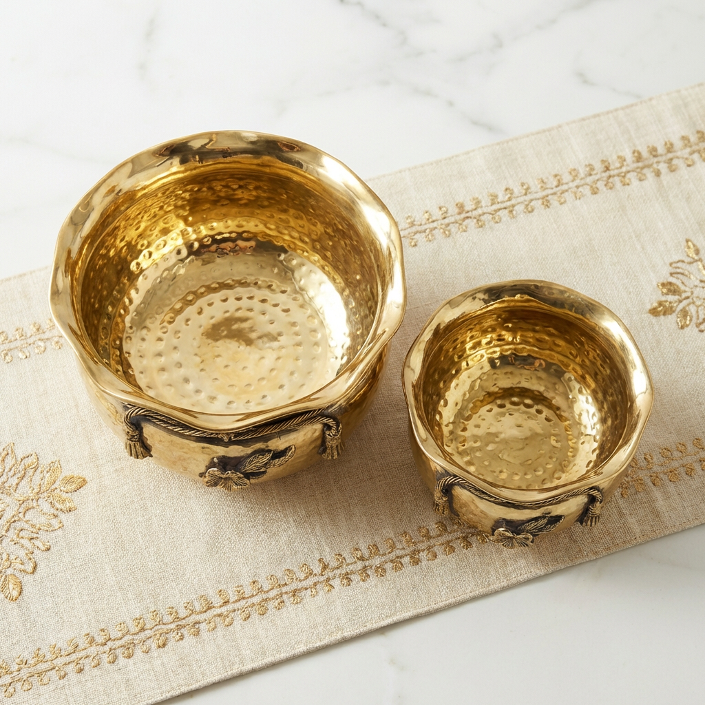Two gold decorative bowls on a textured beige surface with intricate patterns.